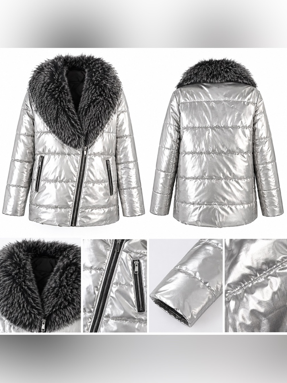 Silver Puffer Jacket with Faux Fur Collar Like New